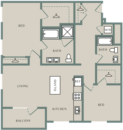 Floor plan for 2 beds, 2 baths, 1356 sqft